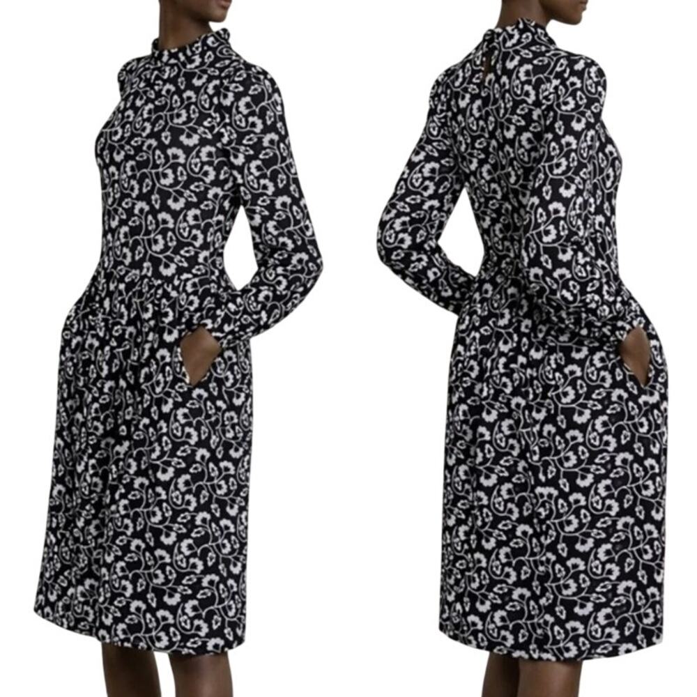 Boden Clara Floral Jersey Black White Ruffle Neck Dress Women's 14L Black White
